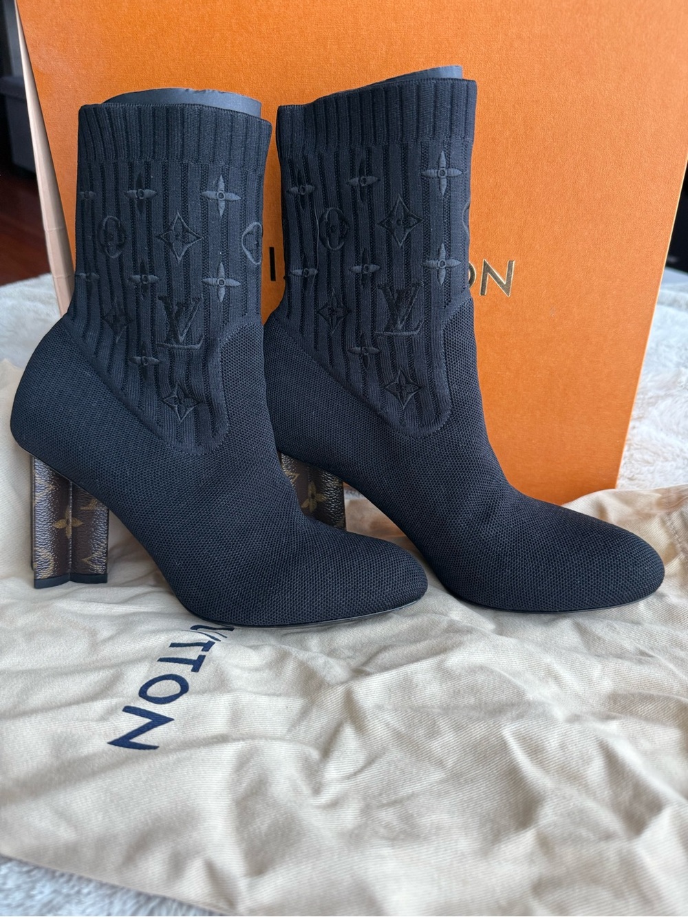 Louis Vuitton Black Monogram Knit Heel Boots